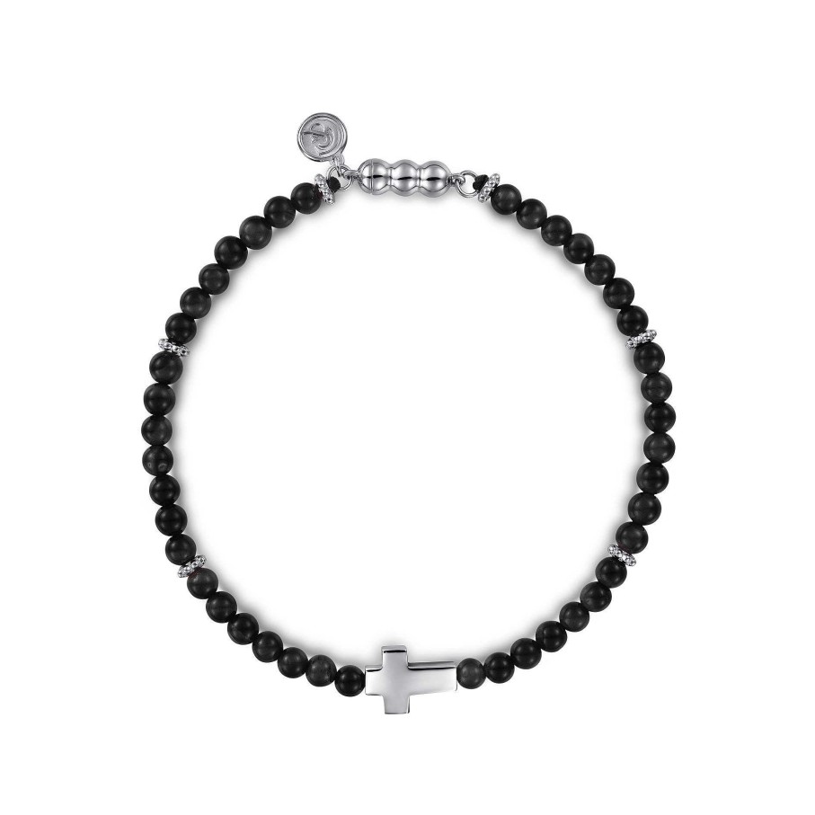 Bracelets & Bangles Gabriel & Co | Gabriel 925 Sterling Silver Cross Bracelet With 4Mm Onyx Beads