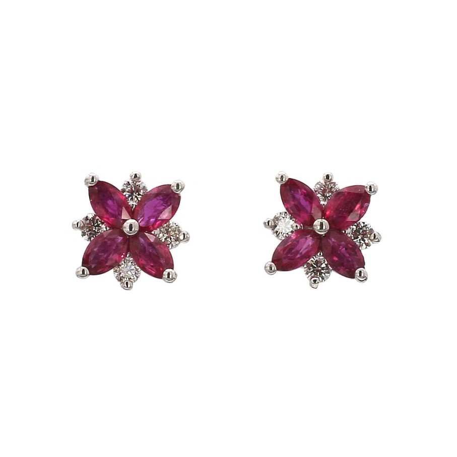 Earrings Bailey's Fine Jewelry | Ruby And Diamond Flower Stud Earrings