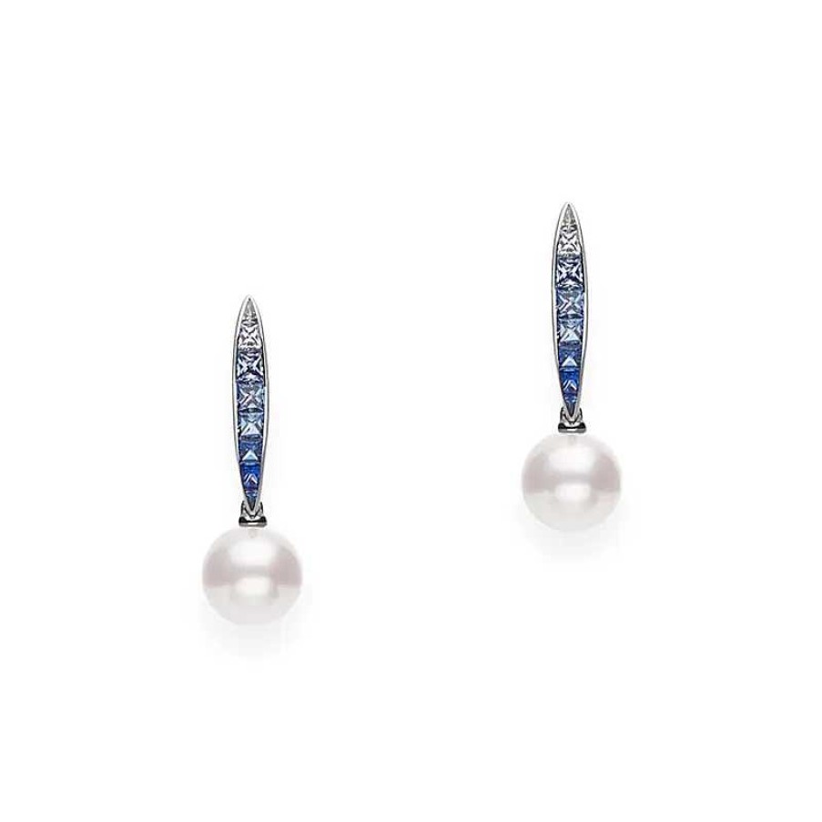 Earrings Mikimoto | Mikimoto Akoya Cultured Pearl Ocean Earrings With Blue Sapphire