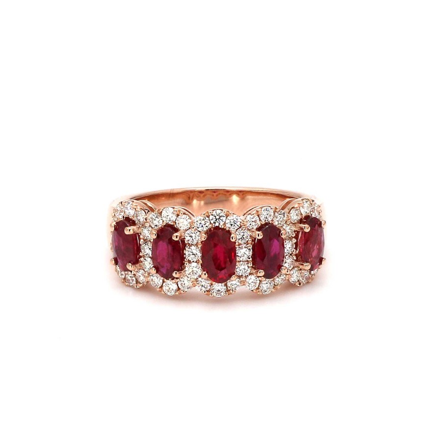 Fashion Rings Bailey's Fine Jewelry | Five Stone Oval Ruby Ring With Diamond Halos