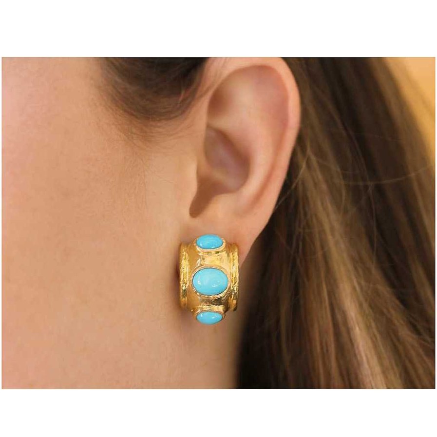 Earrings Elizabeth Locke | Elizabeth Locke 19Kt Yellow Gold Puffy Bezel Hoop Earrings With Turquoise